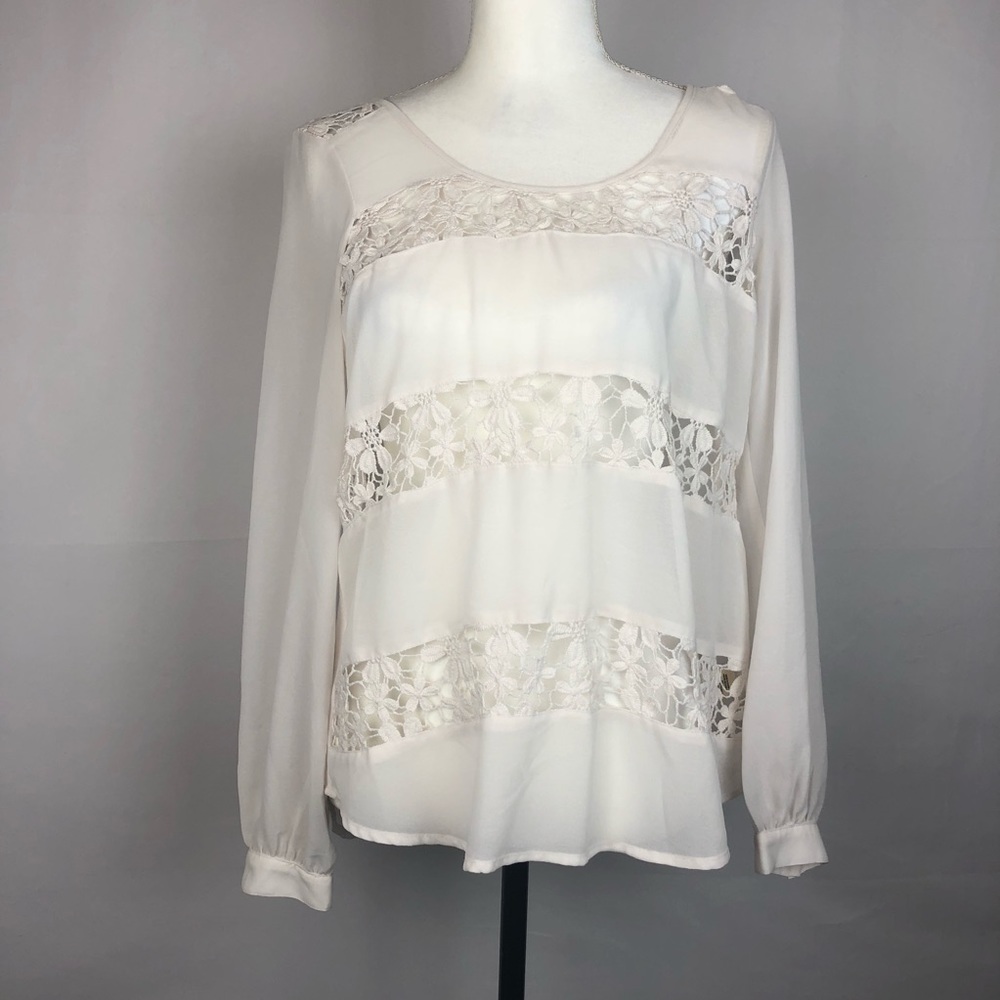 ♧J Roberts Prairie White Sheer Blouse W/Crochet Size Small